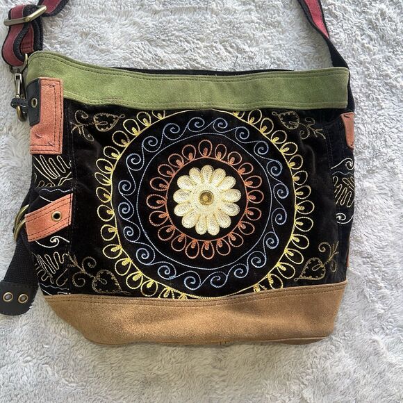 Lucky Brand Vintage Embroidered Flower Boho Bucket Tote Bag Crossbody Cowhide - Picture 2 of 11